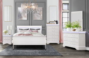 English Elm CHARLSTON Solid Wood Full Sleigh Bed with LED Headboard, Transitional Panel Design, Durable Finish White Queen B201S00008