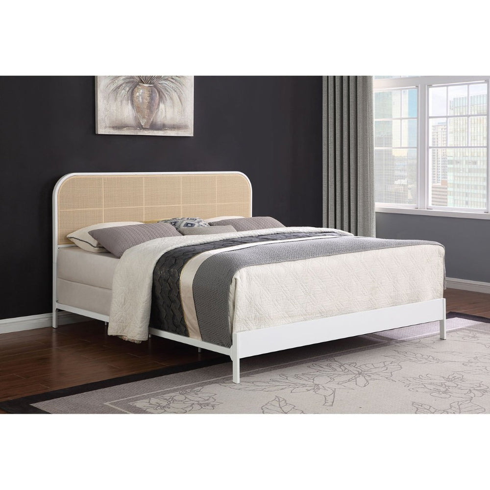 English Elm Kenneth White Steel Eastern King Bed with Woven Cane Rattan Headboard for Coastal Rooms B062P440083