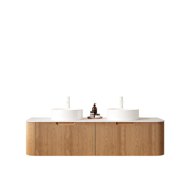 English Elm Dina 60" Wall-Mounted Bathroom Vanity With 2 Round Sinks & Striped Wood Storage, Pre-Assembled W2615S00109