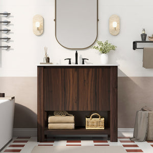 English Elm Christopher Knight Home® - 36" Modern Wall-Mounted Bathroom Vanity with Ceramic Sink, Soft-Close Doors, Fluted Accent & Open Shelves Antique brown N817P245321B