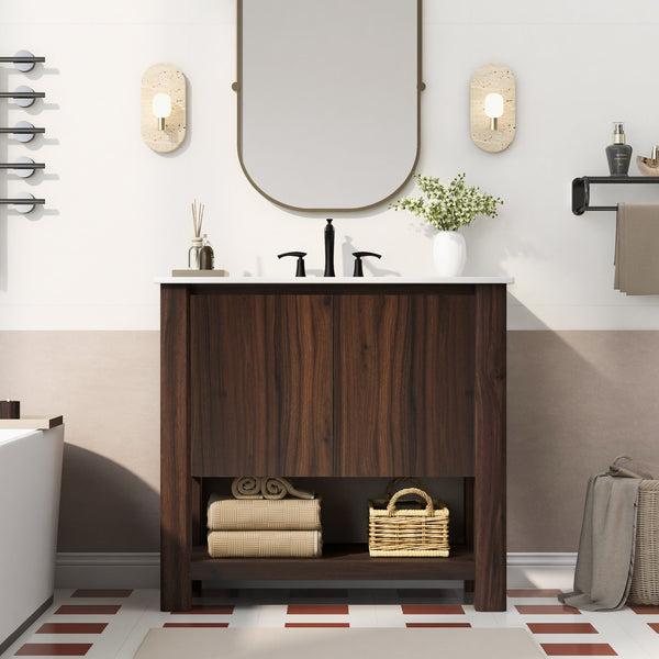 English Elm Christopher Knight Home® - 36" Modern Wall-Mounted Bathroom Vanity with Ceramic Sink, Soft-Close Doors, Fluted Accent & Open Shelves Antique brown N817P245321B