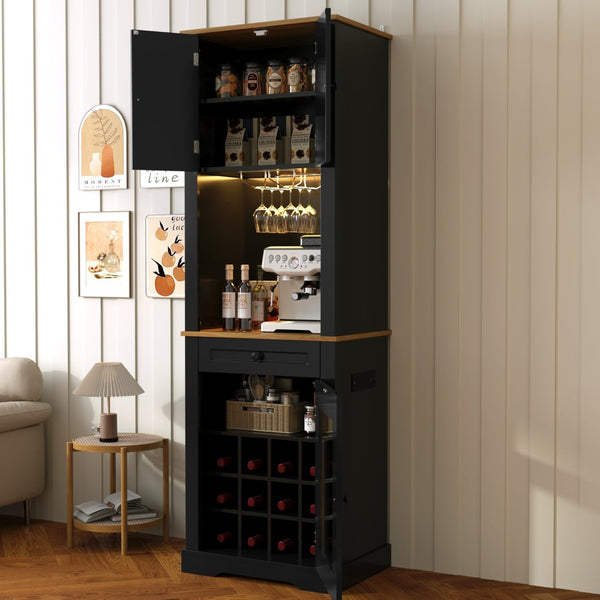 English Elm Bar Cabinet Farmhouse 69 Inch with Rgb Led Barn Door Wine Rack and Charging Station Black N728P438603B
