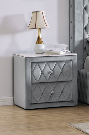 English Elm 1pc Nightstand with Faux Marble Top and 2 Drawers — Button Tufted Upholstery, Metal Knobs, Durable Build Gray 30 L x 21.5 W x 28.5 H B011P265730