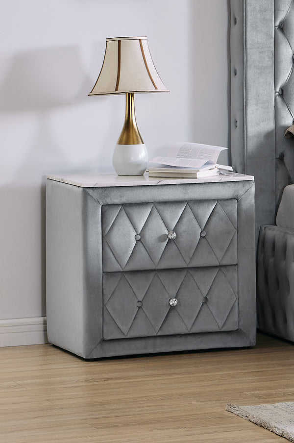 English Elm 1pc Nightstand with Faux Marble Top and 2 Drawers — Button Tufted Upholstery, Metal Knobs, Durable Build Gray 30 L x 21.5 W x 28.5 H B011P265730