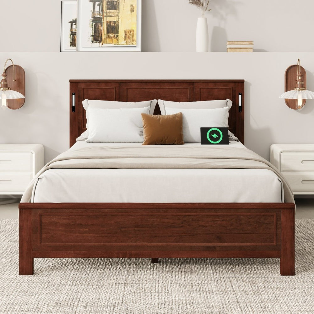 English Elm Queen Pinewood Platform Bed Farmhouse Tall Panel Headboard with Led Lighting and Usb Ports Walnut W504P391092