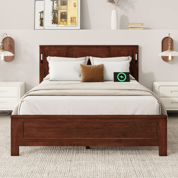 English Elm Queen Pinewood Platform Bed Farmhouse Tall Panel Headboard with Led Lighting and Usb Ports Walnut W504P391092