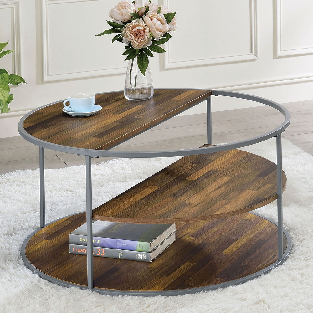 English Elm Industrial Orrin Coffee Table 35.4" Dia x 18" H — Industrial Half-Shelf Design, Gray Walnut Veneer, Powder-Coated Frame, Modern Display-Friendly Style B2741P359589