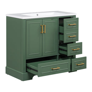 English Elm 36-inch Green Traditional Bathroom Vanity with Resin Sink, 2 Doors 4 Drawers, Gold Handles, Soft-Close hinges, 36"W x 18"D x 34"H SV000026AAF