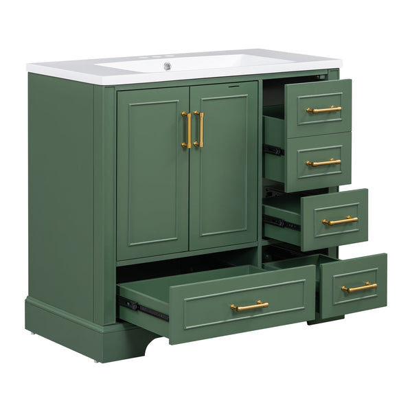English Elm 36-inch Green Traditional Bathroom Vanity with Resin Sink, 2 Doors 4 Drawers, Gold Handles, Soft-Close hinges, 36"W x 18"D x 34"H SV000026AAF