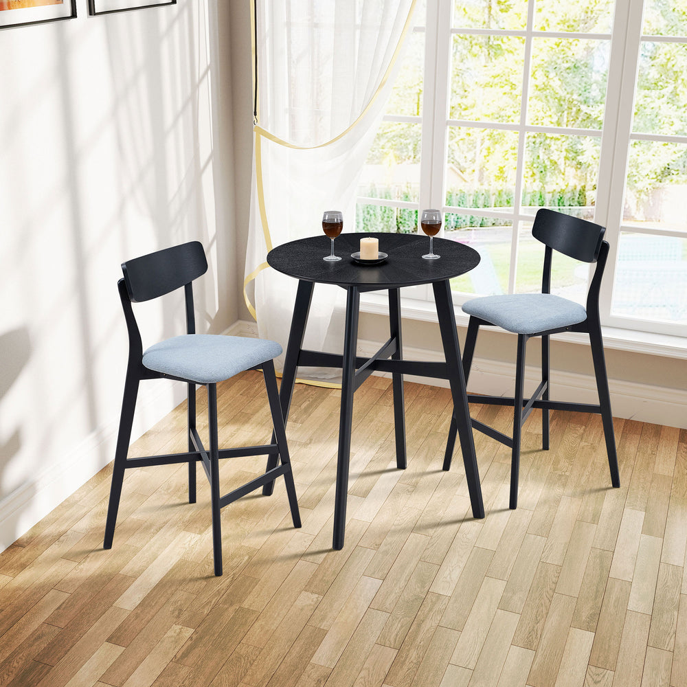 English Elm Wooden Modern Upholstered Bar Chairs Set of 2 — Solid Rubberwood Counter Stools with Footrest, Black Backrest Comfort W2582P197586