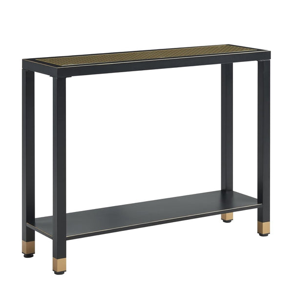 English Elm Glass Console Table Two Tier Tempered Shelf Narrow Foyer Entryway Gold Metallic Frame Black+Gold W3587P456228