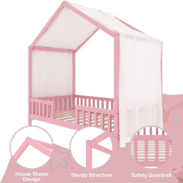 English Elm Montessori House Bed Frame Twin with Canopy & Full Guardrails, Cozy Kids Platform Bed for Toddlers Pink 81.5 L x 16 W x 6.6 H N733P356043H