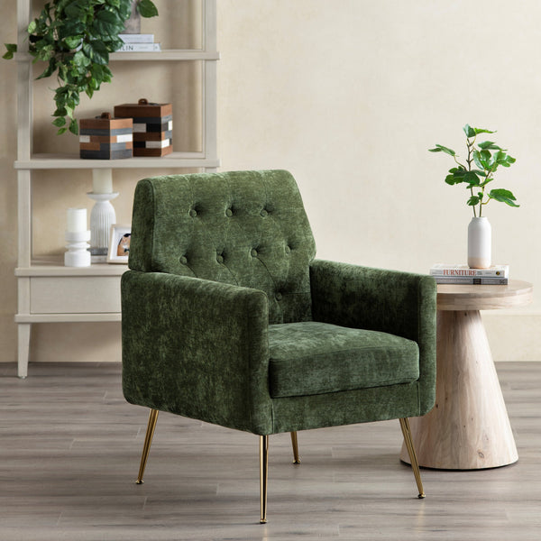 Crestview Collection Modern Accent Chair - Stylish Upholstered Furniture With Button Tufting And Gold Legs For Any Room Green Solid Wood Evfzr4352egrn