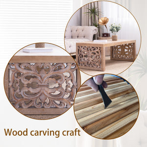 English Elm 47.2" Rustic Carved Wood Coffee Table with Ornate Cut-Out Panels, Natural Finish, Farmhouse Chic W2729P298156