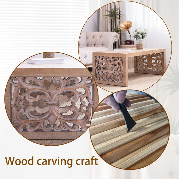 English Elm 47.2" Rustic Carved Wood Coffee Table with Ornate Cut-Out Panels, Natural Finish, Farmhouse Chic W2729P298156