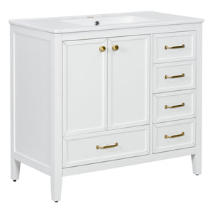 English Elm Christopher Knight Home® - 36" Vintage-inspired Bathroom Vanity with Ceramic Sink, Solid Wood Frame, Soft-Close Drawers, Spacious Storage White N759P293646K