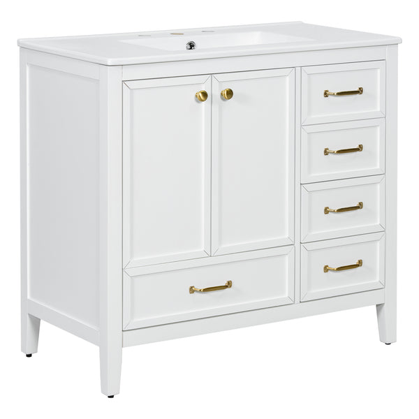 English Elm Christopher Knight Home® - 36" Vintage-inspired Bathroom Vanity with Ceramic Sink, Solid Wood Frame, Soft-Close Drawers, Spacious Storage White N759P293646K