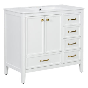 English Elm 36" Solid Pine Bathroom Vanity with Ceramic Sink 4 Soft Close Drawers Vintage Style White N759S293646K