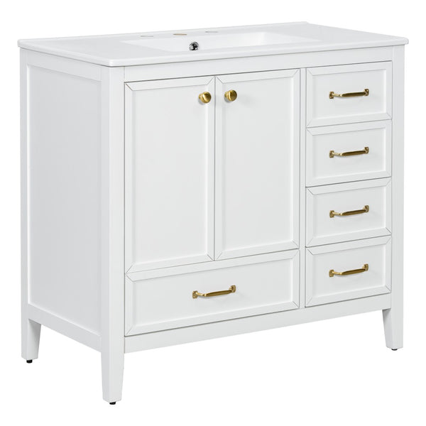 English Elm 36" Solid Pine Bathroom Vanity with Ceramic Sink 4 Soft Close Drawers Vintage Style White N759S293646K