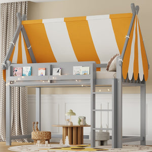 English Elm Twin Solid Wood Loft Bed with Led Lights Canopy Bookshelf for Kids Bedroom Gray N7090002241E
