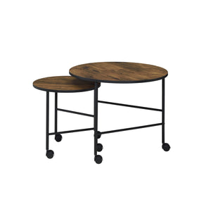 English Elm Oblis Vintage Oak Nesting Tables Set - 2Pc Wooden Round Tops, Metal Tripod Legs & Caster Wheels, Durable B2726P408070