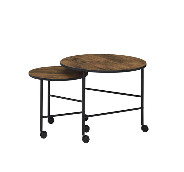 English Elm Oblis Vintage Oak Nesting Tables Set - 2Pc Wooden Round Tops, Metal Tripod Legs & Caster Wheels, Durable B2726P408070