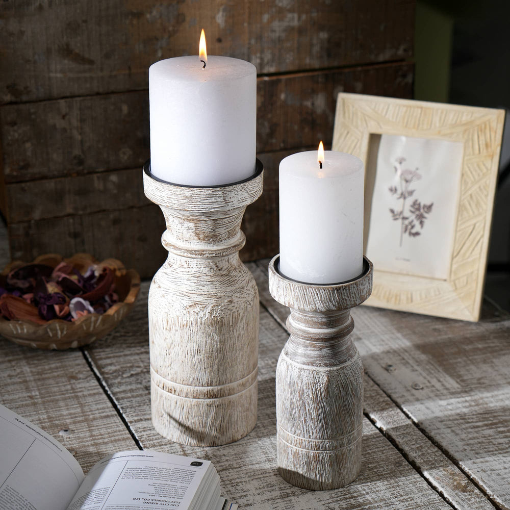 English Elm Decorative Wooden Centerpiece Candle Holder - Elegant White Stand For Timeless Charm & Ambiance B346P336844