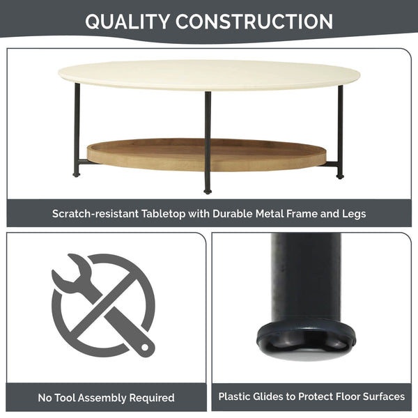 JLA Home Madison Park - 2-Tier Oval Coffee Table with White Top and Natural Wood Shelf, Metal Legs, 75 lb Capacity, Modern Storage Design MP120-1097