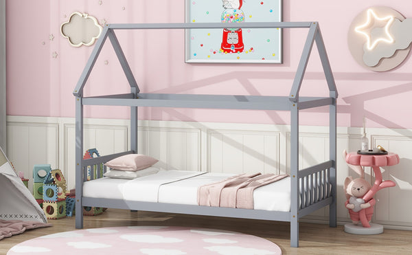 English Elm Twin House Shaped Kids Bed Solid Rubberwood Platform Frame with Storybook Silhouette W504P363901