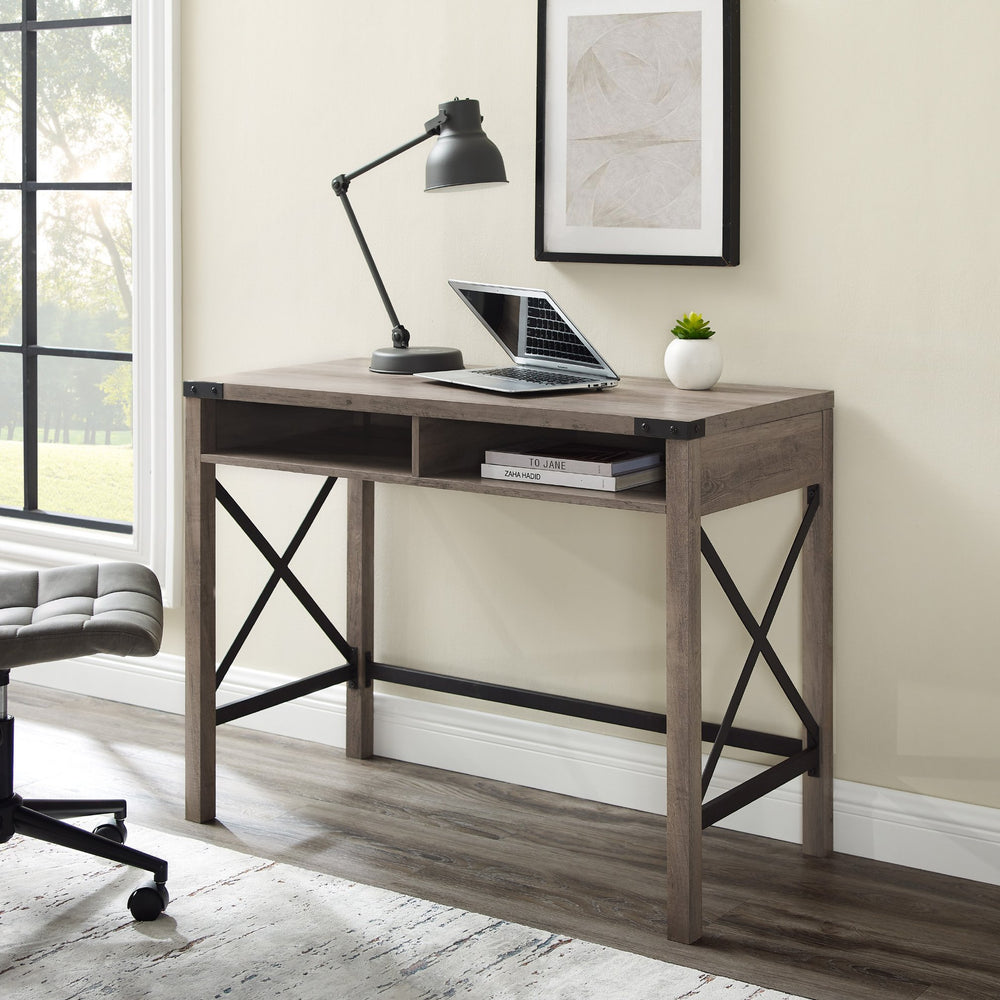 English Elm Walker Edison - Modern Farmhouse Metal-X Desk Grey Wash — 2 Cord Ports, Open Cubbies, Powder-Coat Steel Accents, Sturdy MDF Finish B185P244128