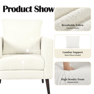 English Elm Modern Teddy Fabric Accent Chair - Plush Chenille Upholstered Armchair with Pillow, Wood Legs, Ergonomic Comfort for Living Room, Bedroom (White) W1028P236496