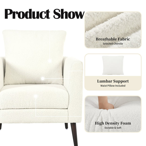 English Elm Modern Teddy Fabric Accent Chair - Plush Chenille Upholstered Armchair with Pillow, Wood Legs, Ergonomic Comfort for Living Room, Bedroom (White) W1028P236496