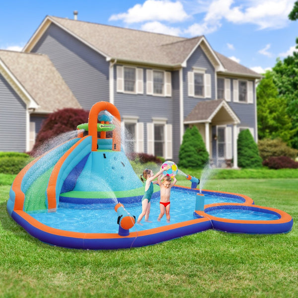 English Elm Outsunny 4-in-1 Inflatable Backyard Water Park with Slide Cannons and Splash Pool W2225P217313