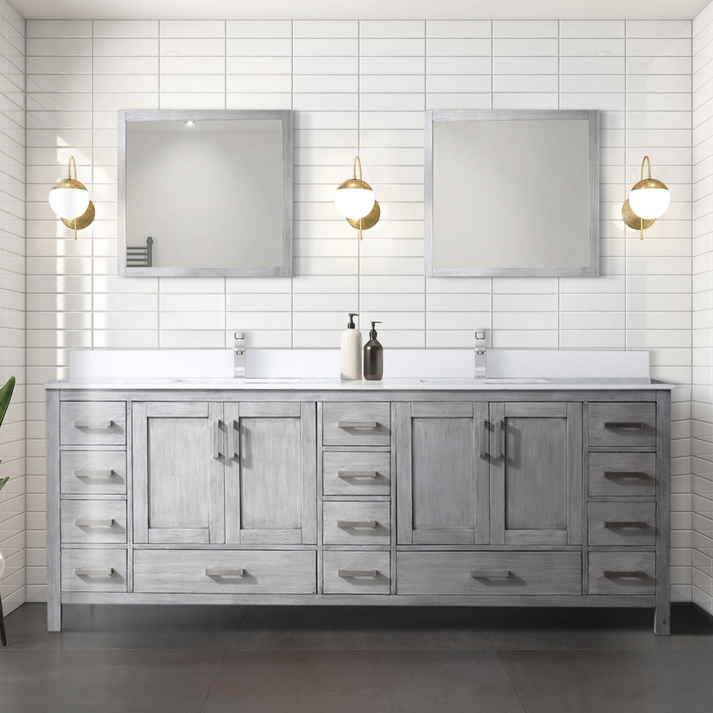 English Elm Distressed Grey Double Bath Vanity 84"W x 22"D with White Quartz Top, Solid Wood, Soft-Close Storage B2731P258982