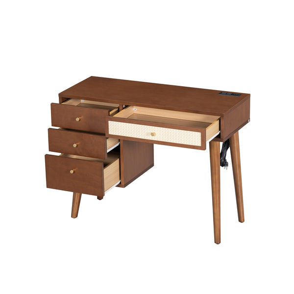 English Elm 39" Retro Bohemian Makeup Vanity Set with Rattan Drawers, USB Charging Port, Cushioned Stool, 4-Drawer Storage Walnut 44.1 L x 18.75 W x 10.5 H N733P180011D