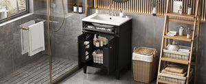 English Elm 24" Bathroom Vanity with Ceramic Basin, French-Inspired Accent Carvings, Soft-Close Doors & Storage Black N710P293309B