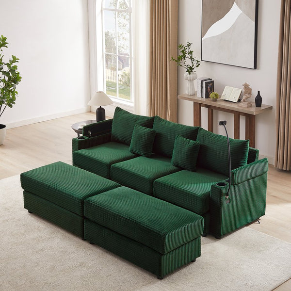 English Elm 95.3" Versatile 3-Seater Sectional Sofa With Smart Storage, Usb Ports, Cup Holders & Ottomans, Green N719S001613F