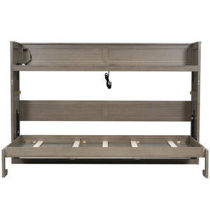 English Elm Twin XL Murphy Bed with Desk, LED Lighting and USB Charging Station — Space-Saving Solid Pine Design Gray Wash N7090005001N