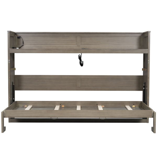 English Elm Twin XL Murphy Bed with Desk, LED Lighting and USB Charging Station — Space-Saving Solid Pine Design Gray Wash N7090005001N