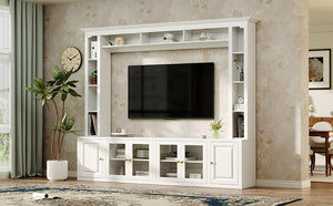 English Elm 4-Piece Modern Entertainment Center Wall Unit with Tempered Glass Doors, Adjustable Shelves, Designer Bridge and Cable Management for Spacious Living Room Storage White N721S000052K