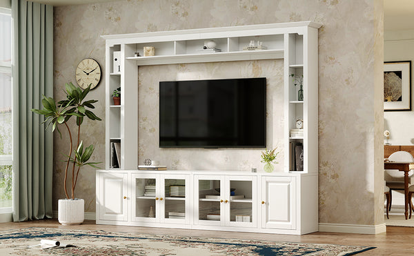 English Elm 4-Piece Modern Entertainment Center Wall Unit with Tempered Glass Doors, Adjustable Shelves, Designer Bridge and Cable Management for Spacious Living Room Storage White N721S000052K