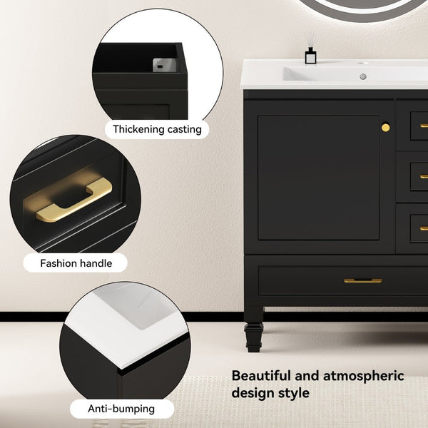 English Elm 30"black Matte Finish Bathroom Vanity with Soft Close Cabinet and Three Storage Drawers Black W3133S00018