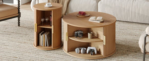 English Elm [Assembly Mid-Century Coffee Table Set with Tambour Sliding Doors, Fluted Round End Table, Gold Handles, Versatile Storage and Stylish Wooden Finish Natural N721P351940D