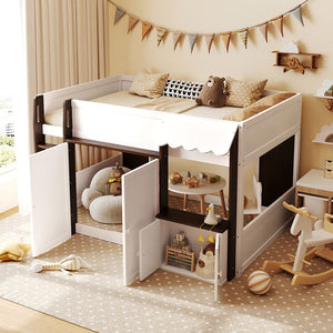 English Elm Twin House Loft Bed with Pull Out Rolling Desk Stair Drawers and Cabinet Storage Espresso+White N820S00074P