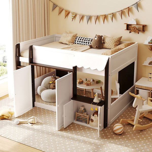 English Elm Twin House Loft Bed with Pull Out Rolling Desk Stair Drawers and Cabinet Storage Espresso+White N820S00074P