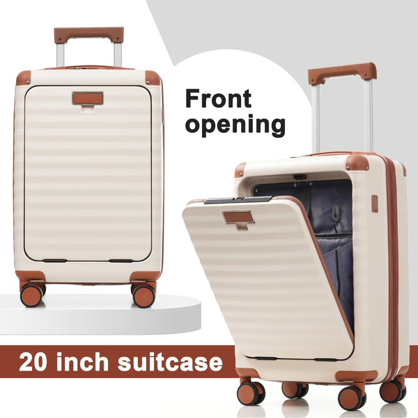 English Elm Luggage 5 Piece Abs Hardshell Travel Set with Usb Port Spinner Wheels and Tsa Lock Brown+White N732P265290K