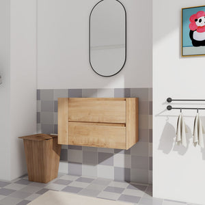 English Elm 30" Wall Mounting Bathroom Vanity Cabinet with Adjustable Side Shelf, Soft-Close 2/3 Drawers, Water-Resistant Plywood Imitative Oak W999P193004