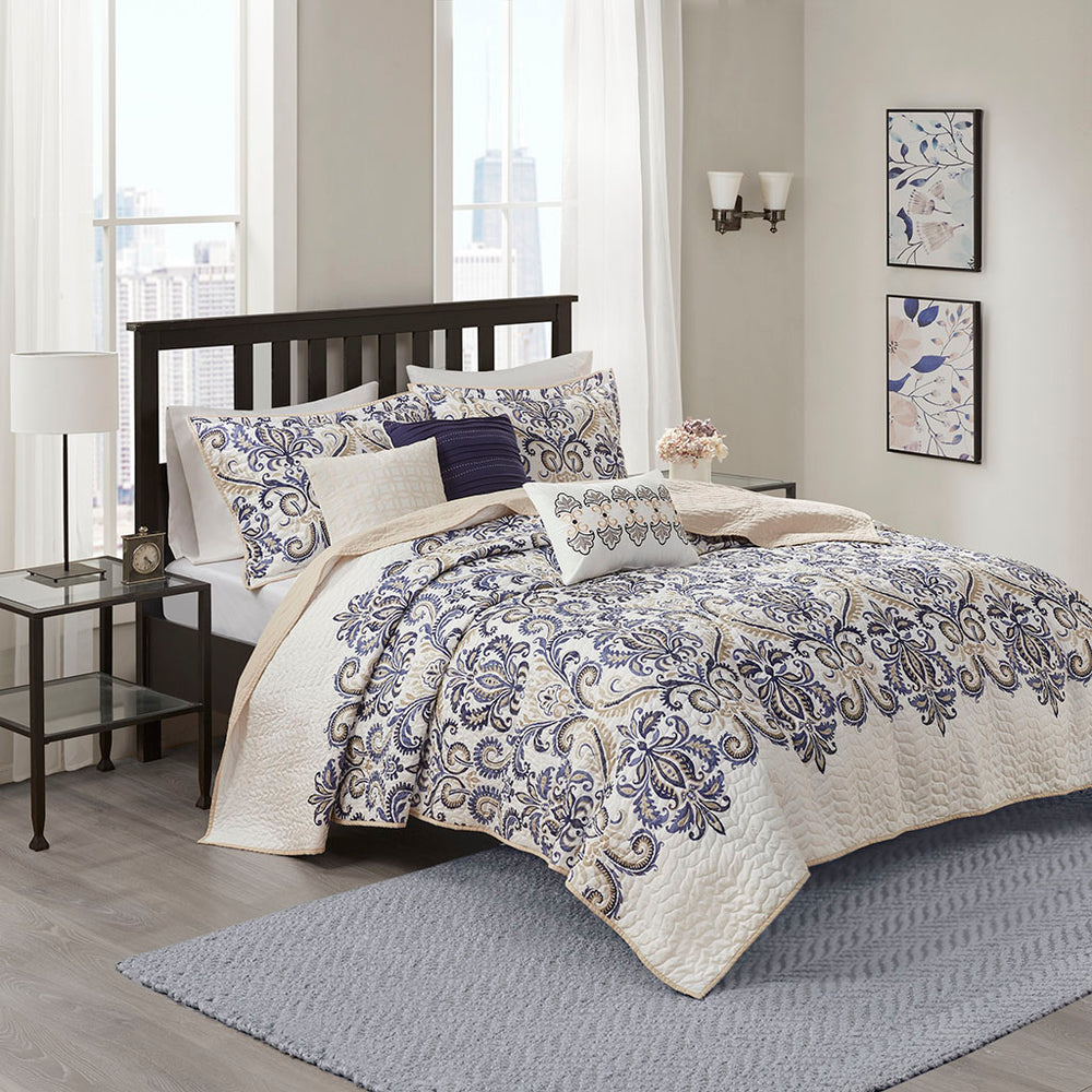 JLA Home Madison Park - 6 Reversible Paisley Quilt Set with 5 Accents — Navy, Blue, Beige Palette, Quilted, Machine-Washable MP13-1521