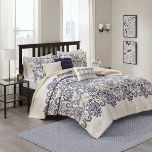 Madison Park Cali Transitional 6 Piece Reversible Quilt Set with Throw Pillows MP13-1522 Navy/Tan