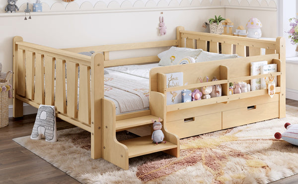 English Elm Twin Kids Platform Bed with Trundle Staircase Bookshelf and Rounded Safety Rails Light Natural W1580S00541